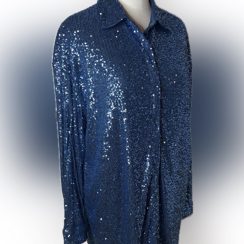 Anthropologie $158 Flat White Sequin Tunic shirt Dress blue large L new sparkles
